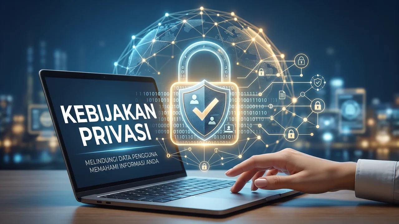 Kebijakan Privasi DesaKota Seseorang mengetik di laptop yang layarnya menampilkan tulisan Kebijakan Privasi, dilengkapi ilustrasi hologram gembok dan perisai bersinar yang melambangkan keamanan data.