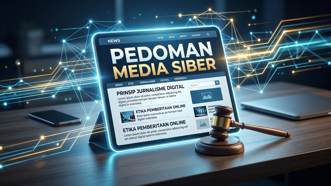 Pedoman Media Siber Tablet digital menampilkan teks Pedoman Media Siber berdampingan dengan palu kayu dan latar belakang jaringan digital abstrak.